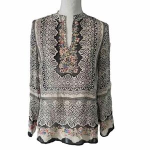 Sundance Women's Silk Vita Tunic Top Boho Long Sleeve Black/Ivory Size XS